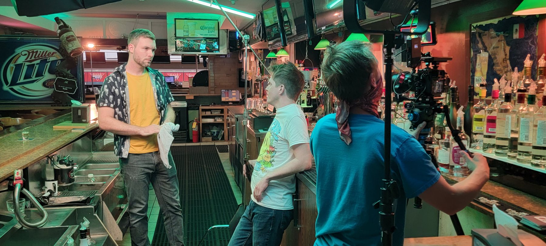 The crew filming a bar sequence inside the Kristof's / Realm property.