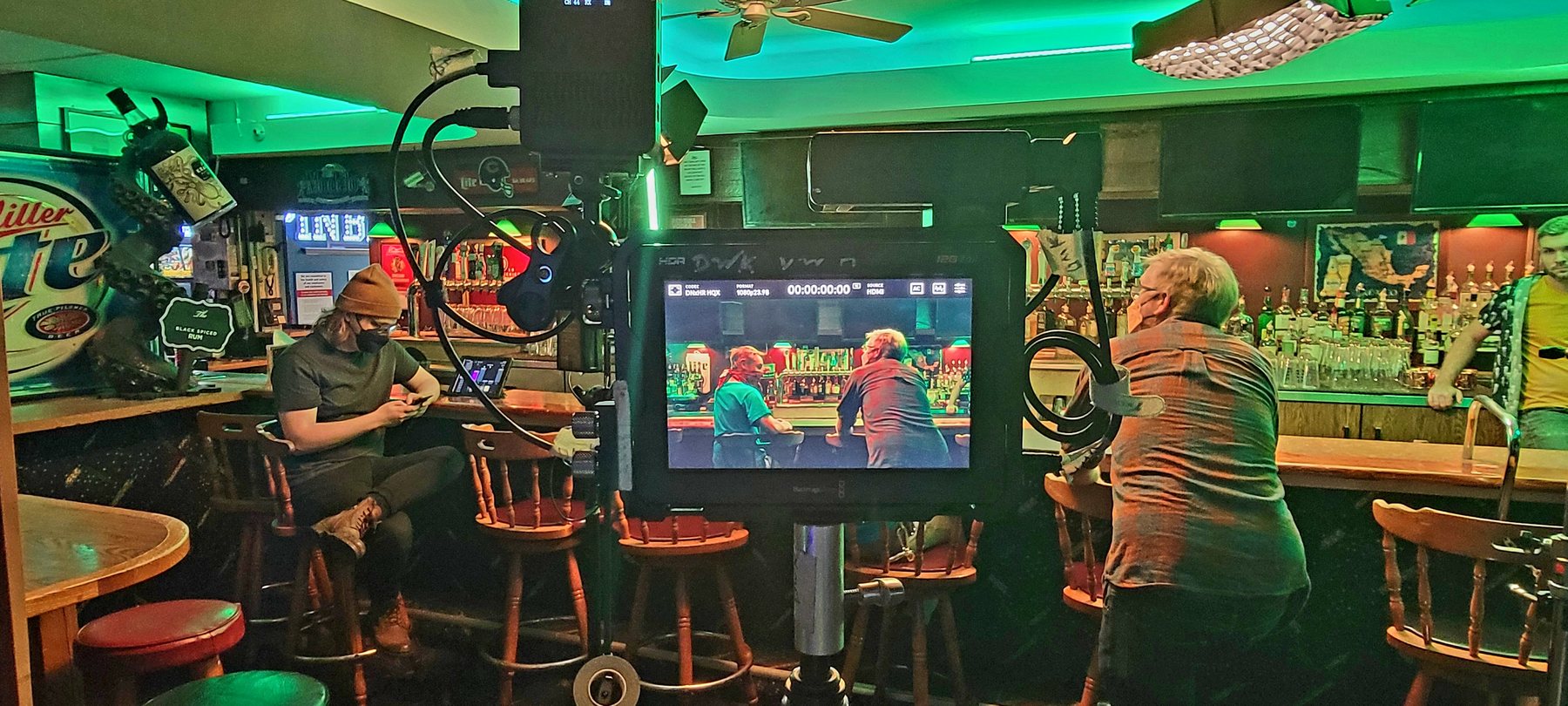 Production monitor and camera setup during the bar shoot.