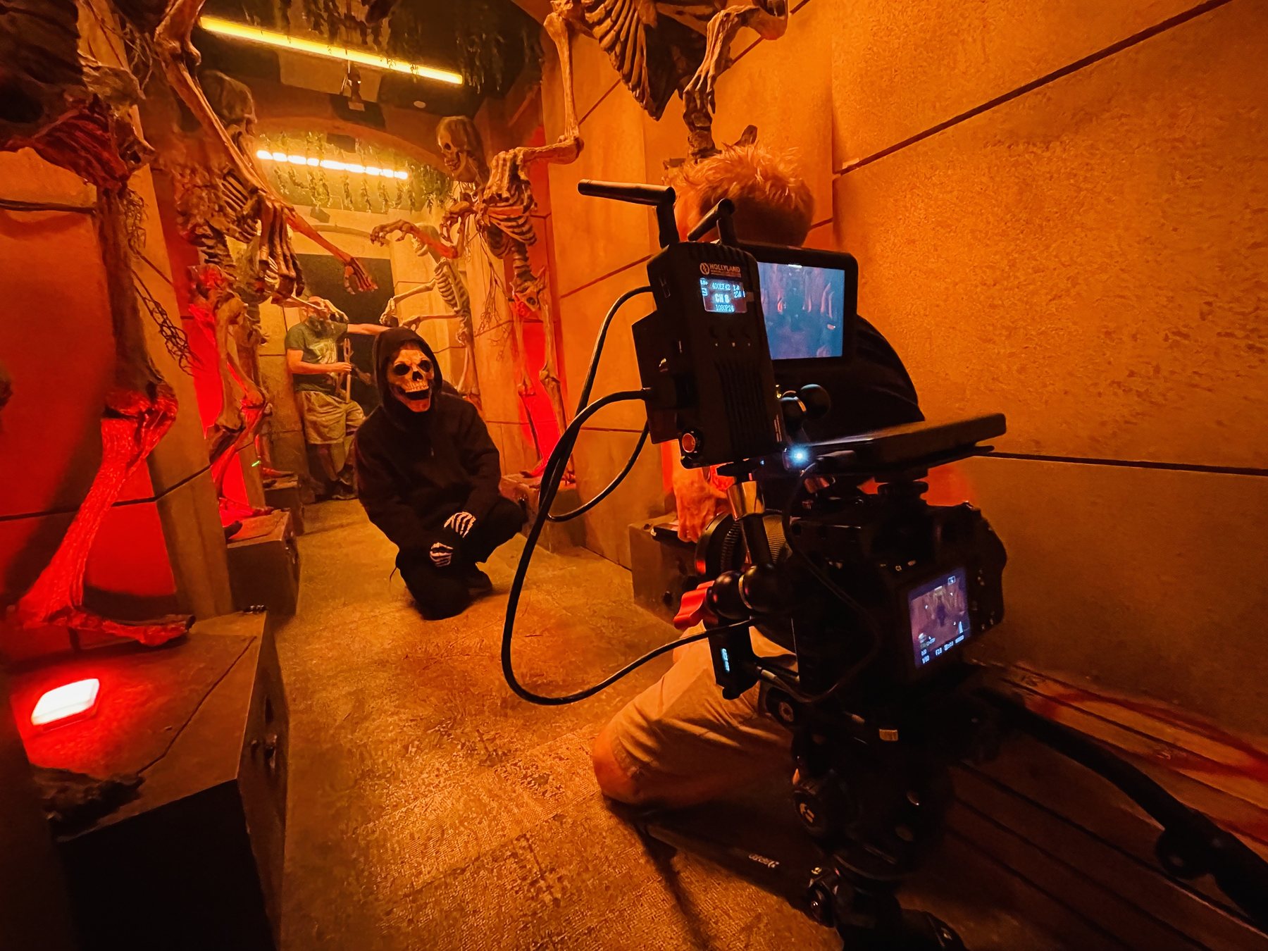 A production camera setup inside Realm of Terror's Skeleton Hall.